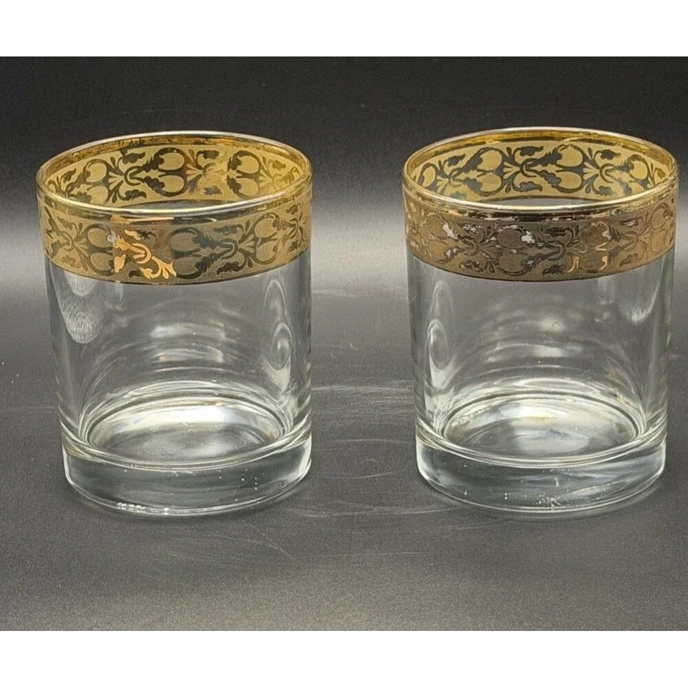 Vintage Italian Gold Encrusted Old Fashioned Rocks Glasses Set of 2 MCM